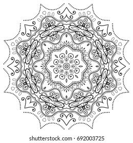 Mandala isolated design element, geometric line pattern. Stylized floral round ornament. Zen doodle style art. Black and white sketch for coloring book page. Tribal ethnic arabic, indian motif