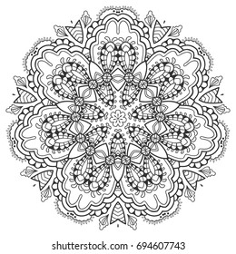 Mandala isolated design element, geometric line pattern. Stylized floral round ornament. Zen doodle style art, monochrome sketch for coloring book page. Tribal ethnic arabic, indian motif