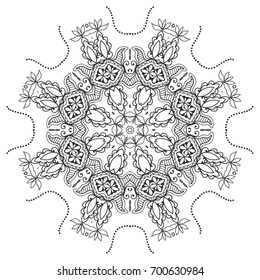 Mandala isolated design element, geometric line pattern. Stylized floral round ornament. Zen doodle style art, monochrome sketch for coloring book page. Tribal ethnic arabic, indian motif