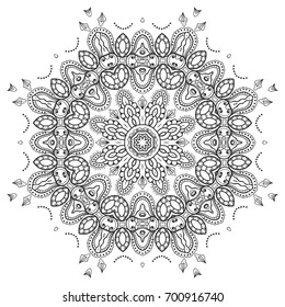 Mandala isolated design element, geometric line pattern. Stylized floral round ornament. Zen doodle style art, monochrome sketch for coloring book page. Tribal ethnic arabic, indian motif