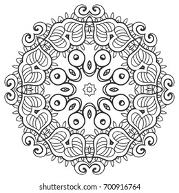 Mandala isolated design element, geometric line pattern. Stylized floral round ornament. Zen doodle style art, monochrome sketch for coloring book page. Tribal ethnic arabic, indian motif
