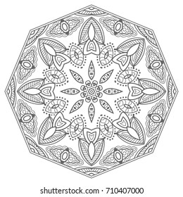 Mandala isolated design element, geometric line pattern. Stylized floral round ornament. Zen doodle style art, monochrome sketch for coloring book page. Tribal ethnic arabic, indian motif