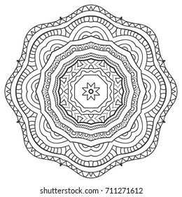 Mandala isolated design element, geometric line pattern. Stylized floral round ornament. Zen doodle style art, monochrome sketch for coloring book page. Tribal ethnic arabic, indian motif