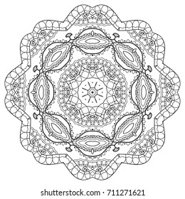 Mandala isolated design element, geometric line pattern. Stylized floral round ornament. Zen doodle style art, monochrome sketch for coloring book page. Tribal ethnic arabic, indian motif