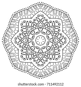 Mandala isolated design element, geometric line pattern. Stylized floral round ornament. Zen doodle style art, monochrome sketch for coloring book page. Tribal ethnic arabic, indian motif