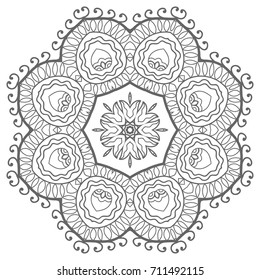 Mandala isolated design element, geometric line pattern. Stylized floral round ornament. Zen doodle style art, monochrome sketch for coloring book page. Tribal ethnic arabic, indian motif
