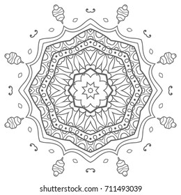 Mandala isolated design element, geometric line pattern. Stylized floral round ornament. Zen doodle style art, monochrome sketch for coloring book page. Tribal ethnic arabic, indian motif