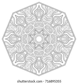 Mandala isolated design element, geometric line pattern. Stylized floral round ornament. Zen doodle style art, monochrome sketch for coloring book page. Tribal ethnic arabic, indian motif