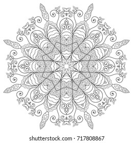 Mandala isolated design element, geometric line pattern. Stylized floral round ornament. Zen doodle style art, monochrome sketch for coloring book page. Tribal ethnic arabic, indian motif