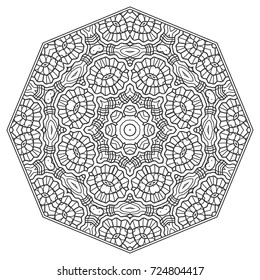 Mandala isolated design element, geometric line pattern. Stylized floral round ornament. Zen doodle style art, monochrome sketch for coloring book page. Tribal ethnic arabic, indian motif
