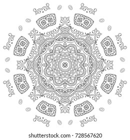 Mandala isolated design element, geometric line pattern. Stylized floral round ornament. Zen doodle style art, monochrome sketch for coloring book page. Tribal ethnic arabic, indian motif