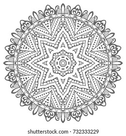 Mandala isolated design element, geometric line pattern. Stylized floral round ornament. Zen doodle style art, monochrome sketch for coloring book page. Tribal ethnic arabic, indian motif