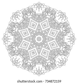 Mandala isolated design element, geometric line pattern. Stylized floral round ornament. Zen doodle style art, monochrome sketch for coloring book page. Tribal ethnic arabic, indian motif