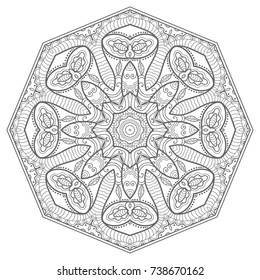 Mandala isolated design element, geometric line pattern. Stylized floral round ornament. Zen doodle art, monochrome sketch for coloring book page, textile fabric print. Black and white illustration