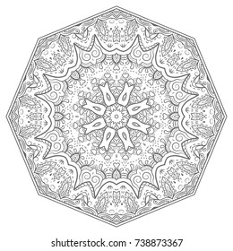 Mandala isolated design element, geometric line pattern. Stylized floral round ornament. Zen doodle art, monochrome sketch for coloring book page, textile fabric print. Black and white illustration