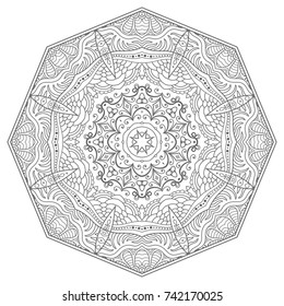 Mandala isolated design element, geometric line pattern. Stylized floral round ornament. Zen doodle art, monochrome sketch for coloring book page, textile fabric print. Black and white illustration