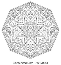Mandala isolated design element, geometric line pattern. Stylized floral round ornament. Zen doodle art, monochrome sketch for coloring book page, textile fabric print. Black and white illustration