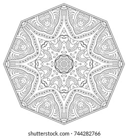 Mandala isolated design element, geometric line pattern. Stylized floral round ornament. Zen doodle art, monochrome sketch for coloring book page, textile fabric print. Black and white illustration