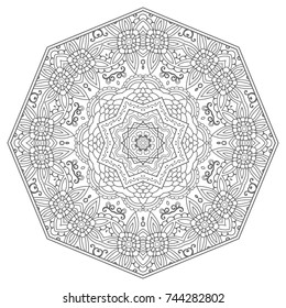 Mandala isolated design element, geometric line pattern. Stylized floral round ornament. Zen doodle art, monochrome sketch for coloring book page, textile fabric print. Black and white illustration