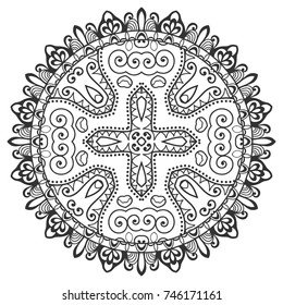 Mandala isolated design element, geometric line pattern. Stylized floral round ornament. Zen doodle art, monochrome sketch for coloring book page, textile fabric print. Black and white illustration