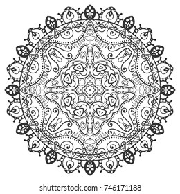 Mandala isolated design element, geometric line pattern. Stylized floral round ornament. Zen doodle art, monochrome sketch for coloring book page, textile fabric print. Black and white illustration