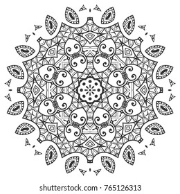 Mandala isolated design element, geometric line pattern. Stylized floral round ornament. Zen doodle art, monochrome sketch for coloring book page, textile fabric print. Black and white illustration