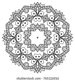 Mandala isolated design element, geometric line pattern. Stylized floral round ornament. Zen doodle art, monochrome sketch for coloring book page, textile fabric print. Black and white illustration
