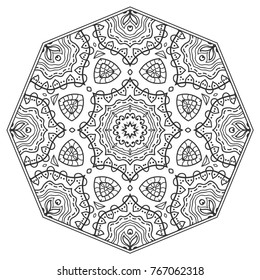 Mandala isolated design element, geometric line pattern. Stylized floral round ornament. Zen doodle art, monochrome sketch for coloring book page, textile fabric print. Black and white illustration