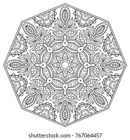 Mandala isolated design element, geometric line pattern. Stylized floral round ornament. Zen doodle art, monochrome sketch for coloring book page, textile fabric print. Black and white illustration
