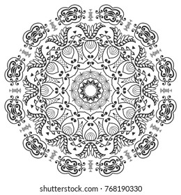 Mandala isolated design element, geometric line pattern. Stylized floral round ornament. Zen doodle art, monochrome sketch for coloring book page, textile fabric print. Black and white illustration