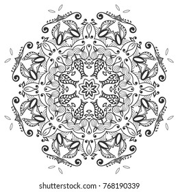 Mandala isolated design element, geometric line pattern. Stylized floral round ornament. Zen doodle art, monochrome sketch for coloring book page, textile fabric print. Black and white illustration
