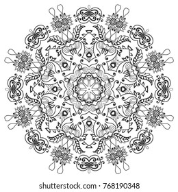 Mandala isolated design element, geometric line pattern. Stylized floral round ornament. Zen doodle art, monochrome sketch for coloring book page, textile fabric print. Black and white illustration