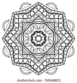 Mandala isolated design element, geometric line pattern. Stylized floral round ornament. Zen doodle art, monochrome sketch for coloring book page, textile fabric print. Black and white illustration