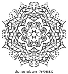 Mandala isolated design element, geometric line pattern. Stylized floral round ornament. Zen doodle art, monochrome sketch for coloring book page, textile fabric print. Black and white illustration