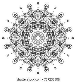 Mandala isolated design element, geometric line pattern. Stylized floral round ornament. Zen doodle art, monochrome sketch for coloring book page, textile fabric print. Black and white illustration