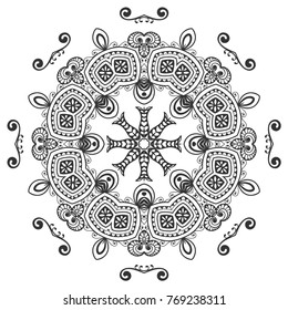 Mandala isolated design element, geometric line pattern. Stylized floral round ornament. Zen doodle art, monochrome sketch for coloring book page, textile fabric print. Black and white illustration