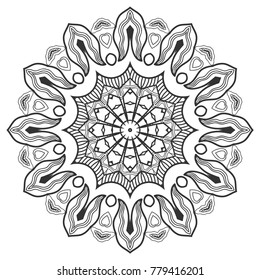 Mandala isolated design element, geometric line pattern. Stylized floral round ornament. Zen doodle art, monochrome sketch for coloring book page, textile fabric print. Black and white illustration