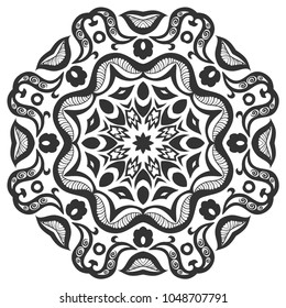 Mandala isolated design element, hand drawn pattern. Stylized floral round ornament. Zen doodle art, monochrome graphic for textile fabric or paper print. Black and white illustration