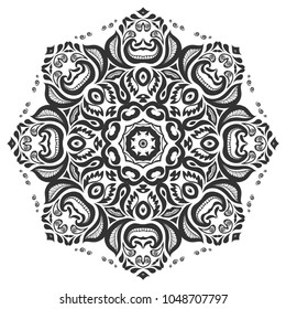 Mandala isolated design element, hand drawn pattern. Stylized floral round ornament. Zen doodle art, monochrome graphic for textile fabric or paper print. Black and white illustration