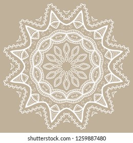 Mandala isolated design element, lace pattern. Stylized floral geometric round ornament. Doodle line art for textile fabric or paper print. Hand drawn vector illustration