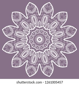Mandala isolated design element, lace pattern. Stylized floral round ornament. Doodle art for textile fabric or paper print. Hand drawn vector geometric line illustration