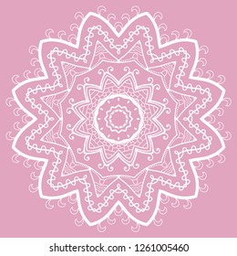 Mandala isolated design element, lace pattern. Stylized floral round ornament. Doodle art for textile fabric or paper print. Hand drawn vector geometric line illustration