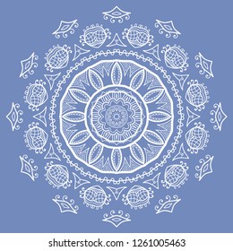 Mandala isolated design element, lace pattern. Stylized floral round ornament. Doodle art for textile fabric or paper print. Hand drawn vector geometric line illustration