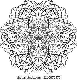 Mandala aislada en el fondo blanco. Plantilla para la página del libro de coloreado. Patrón místico oriental. Mandala de yoga.