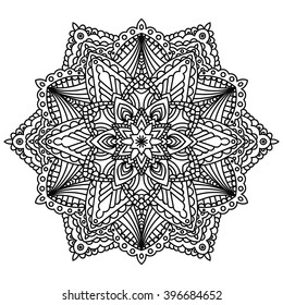 Mandala isolated on white background. Ornamental black round doodle flower isolated on white background. Black outline mandala. Geometric circle element. Vector illustration.