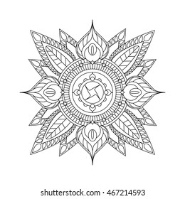 Mandala isolated on white background. Coloring page with vector mandala. Hand-drawn doodle style ornament. Outlined vector mandala with floral elements. Paper design, greeting card decor