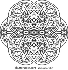 Mandala aislado en el fondo blanco.Patrón decorativo monocromo de mandala étnica.Página de libro de colorear anti estrés para adultos.