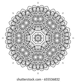Mandala isolated round ornament, stylized floral pattern. Zen doodle style art, monochrome sketch for coloring book page. Tribal ethnic arabic, indian motif. Black and white geometric line background