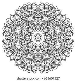 Mandala isolated round ornament, stylized floral pattern. Zen doodle style art, monochrome sketch for coloring book page. Tribal ethnic arabic, indian motif. Black and white geometric line background
