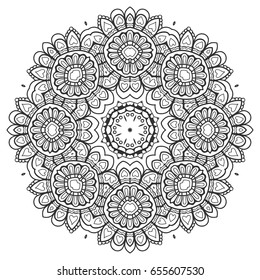 Mandala isolated round ornament, stylized floral pattern. Zen doodle style art, monochrome sketch for coloring book page. Tribal ethnic arabic, indian motif. Black and white geometric line background